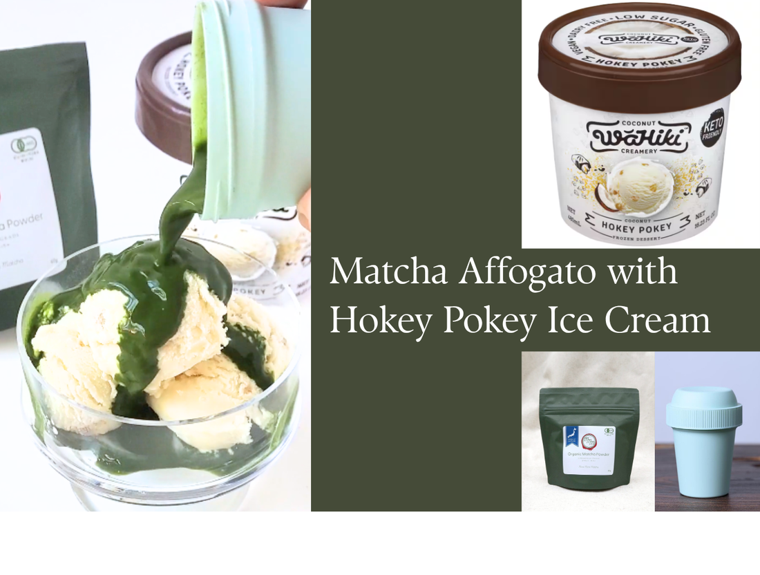 Matcha affogato made with dairy-free Hokey Pokey ice cream and premium organic ceremonial matcha.