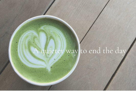 Night matcha latte in a calm New Zealand home setting with warm lighting, creating a relaxing evening routine before sleep