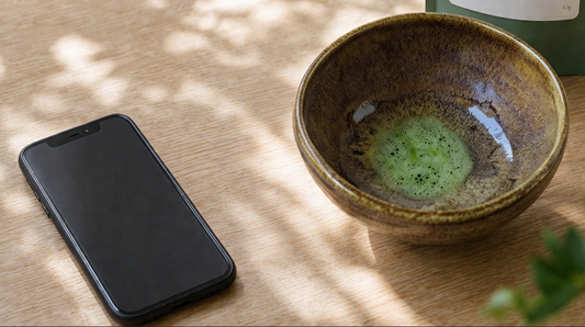 A matcha bowl with a small amount left beside a smartphone, representing a quiet digital detox moment in New Zealand